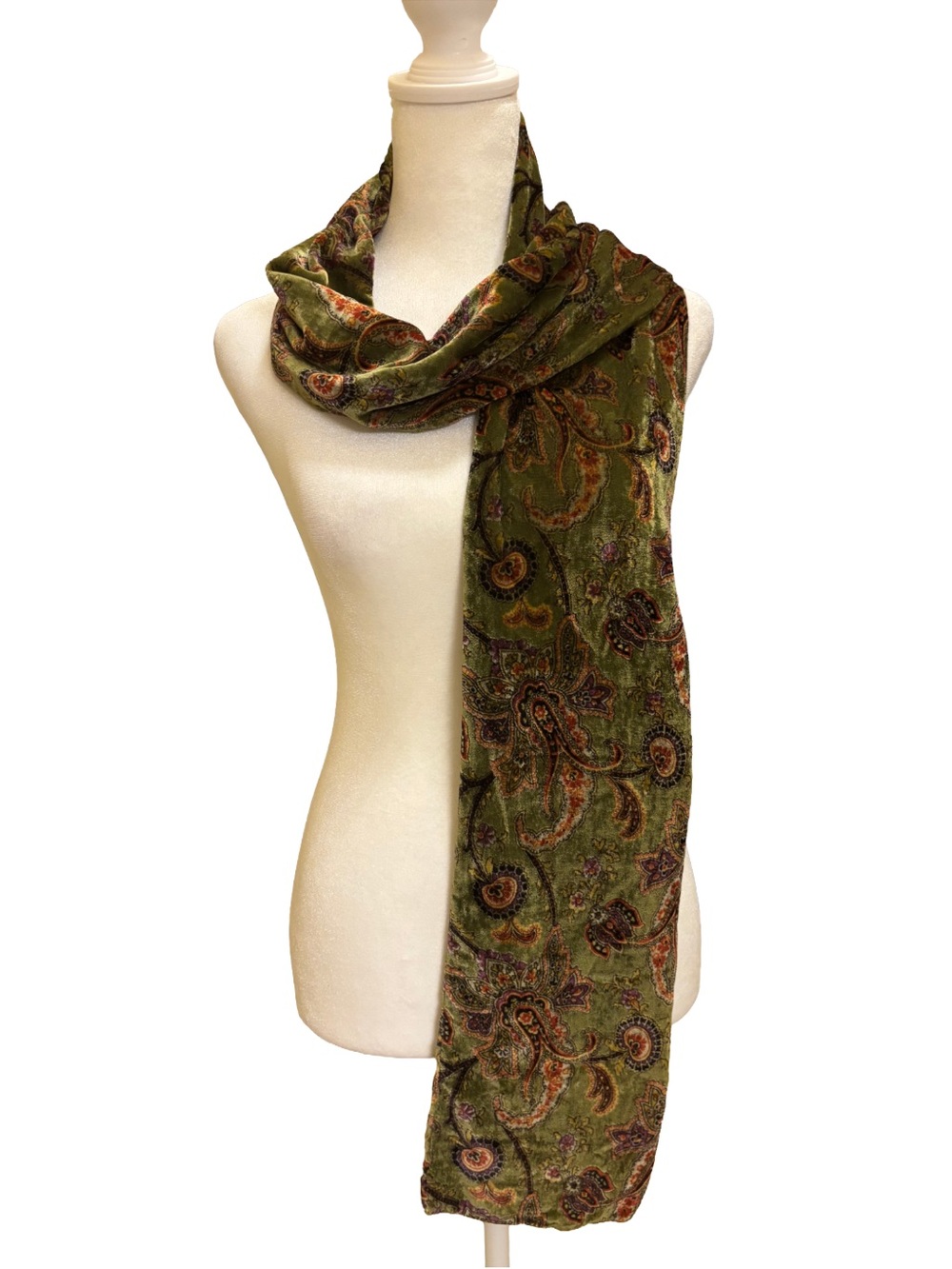 Olive Paisley Velvet Wrap Scarf - Bohemian